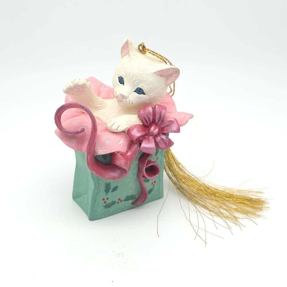 Lenox Holiday Mischief Cat Ornament 1998 White Kitten Teal Pink Vintage‎ Whimsy